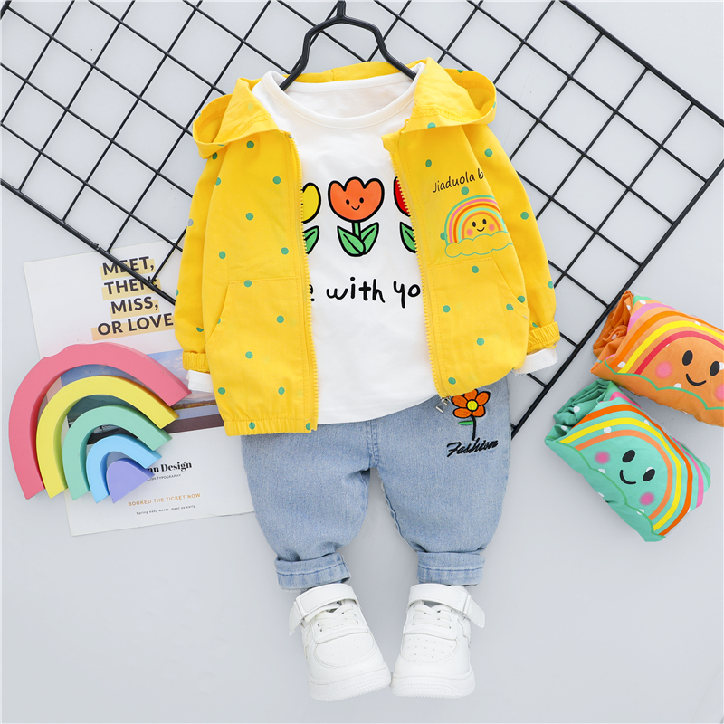 HYLKIDHUOSE Baby Girls Clothing Sets 2020 Autumn Hooded Coats Flowers T Shirt Jeans Infant Newborn Clothing Children ClothesX1019