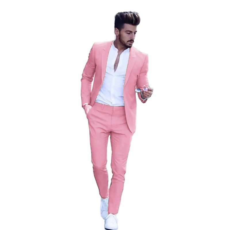 2022 Handsome Pink Mens Suits Wedding Tuxedos Slim Fit Peak Lapel Two Pieces Groom Formal Wear Male Men Prom Party Blazer (Jacket+Pants) Sky Blue Blac