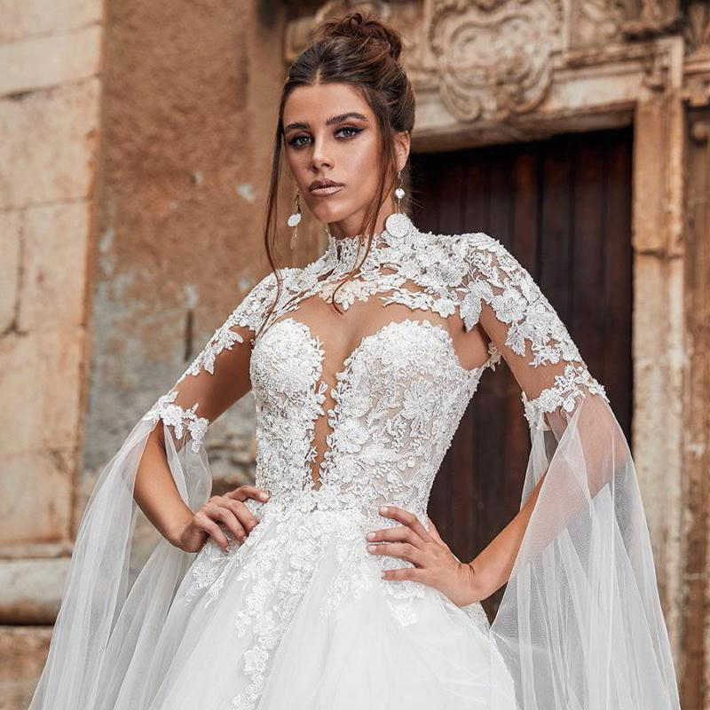High Neck White A Line Wedding Dress Lace Applique Sheer Beach Garden Bridal Gowns vestidos de novia