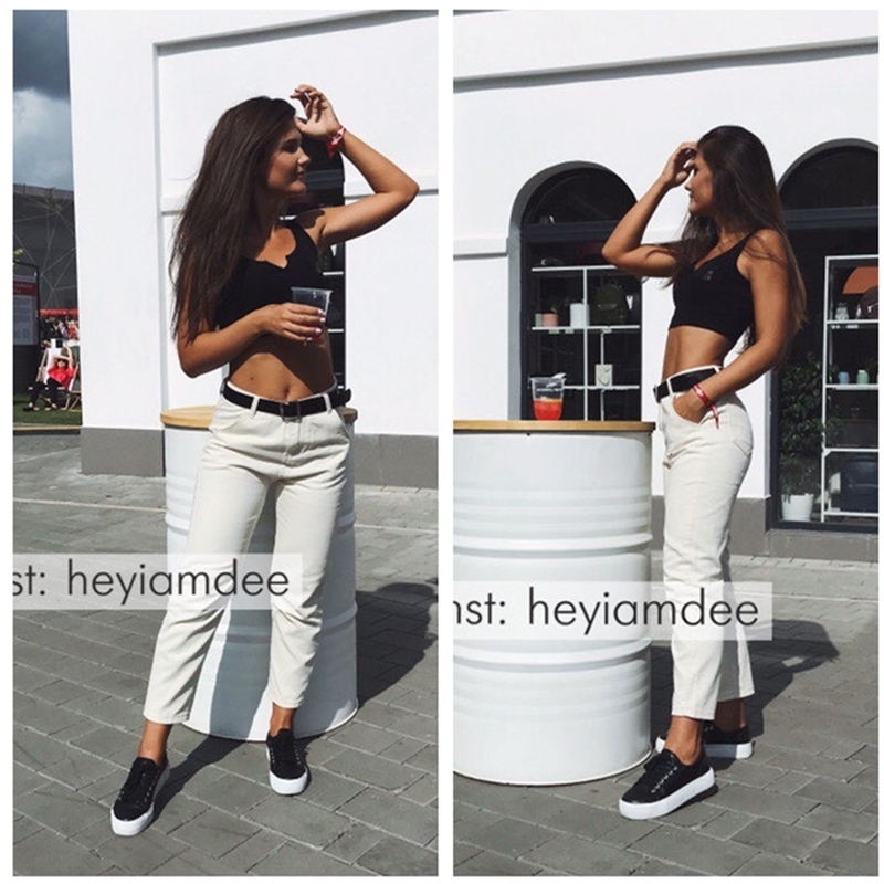 Straight Women Solid Vintage Sashes Casual High Waist Plus Size Mom Boyfriends Jeans Denim Pants White 201029
