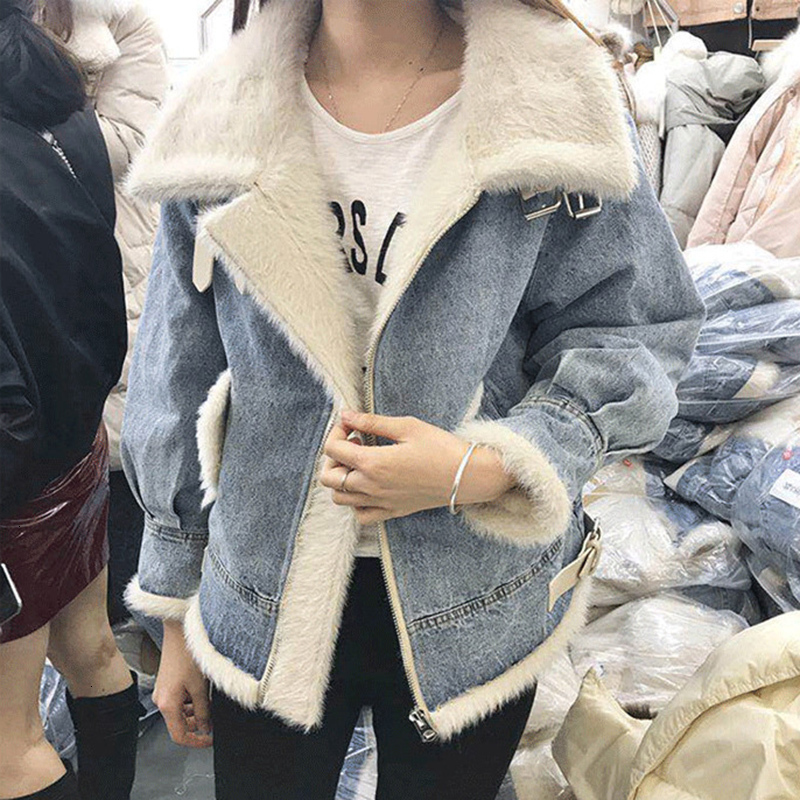 Womens Winter Lamp Wool Liner Faux Fur Coat With Jeans Denim Jacket Turn Dowm Collar Outerwear Coats Basic Jackets Women Cowboy T200915