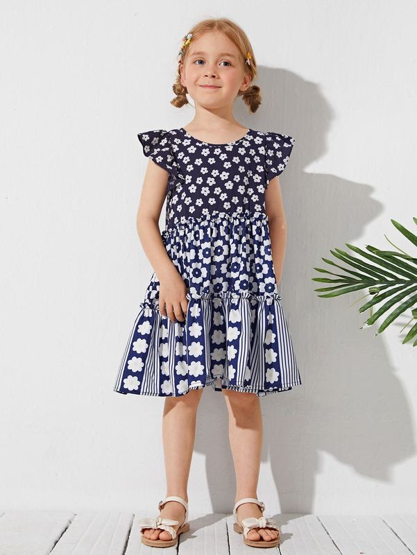 Toddler Girls Frill Trim Floral and Striped Dress SHE