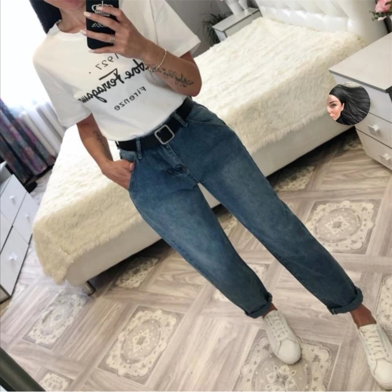 Straight Women Solid Vintage Sashes Casual High Waist Plus Size Mom Boyfriends Jeans Denim Pants White 201029