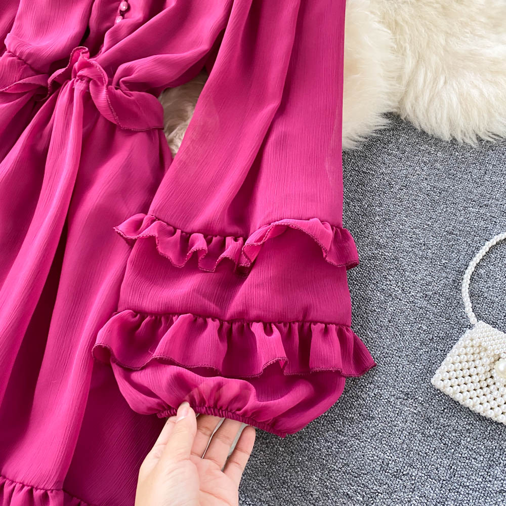 Spring Autumn Purple/Yellow/Blue Chiffon Dress Women Elegant O-Neck Draped Ruffle Vestidos Female Puff Long Sleeve A-Line Robe 2022