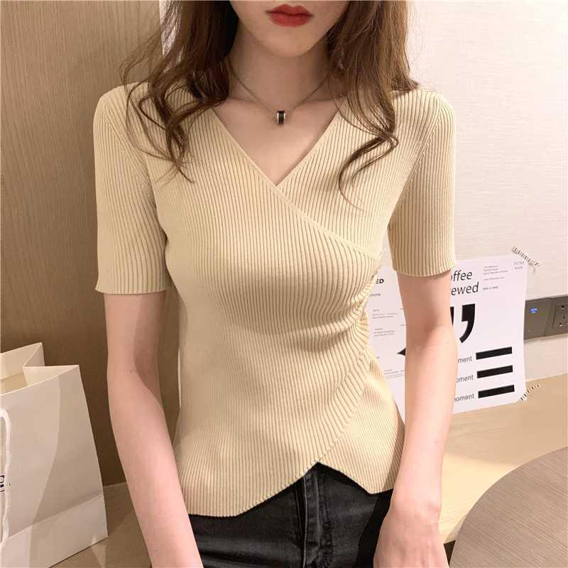 

Women's V-neck Knitted Short Sleeve Slim T-shirts Tops Girls Knit Stretchy Solid Buttons Crossed Tees Tshirt Tops For Women1, Black