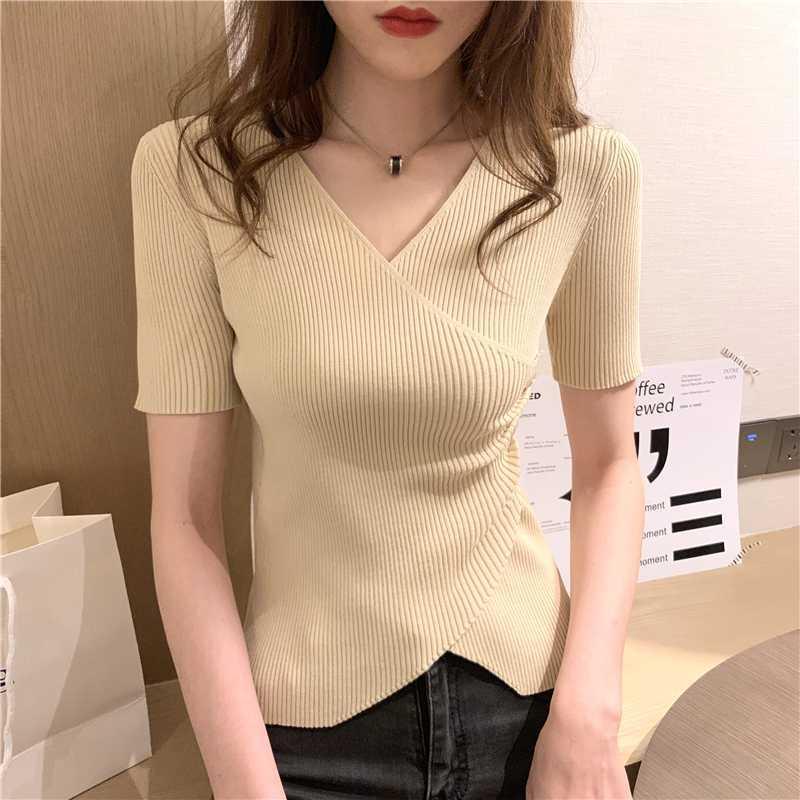Women's V-neck Knitted Short Sleeve Slim T-shirts Tops Girls Knit Stretchy Solid Buttons Crossed Tees Tshirt Tops For Women1, Black
Women's V-neck Knitted Short Sleeve Slim T-shirts Tops Girls Knit Stretchy Solid Buttons Crossed Tees Tshirt Tops For Women1, Black