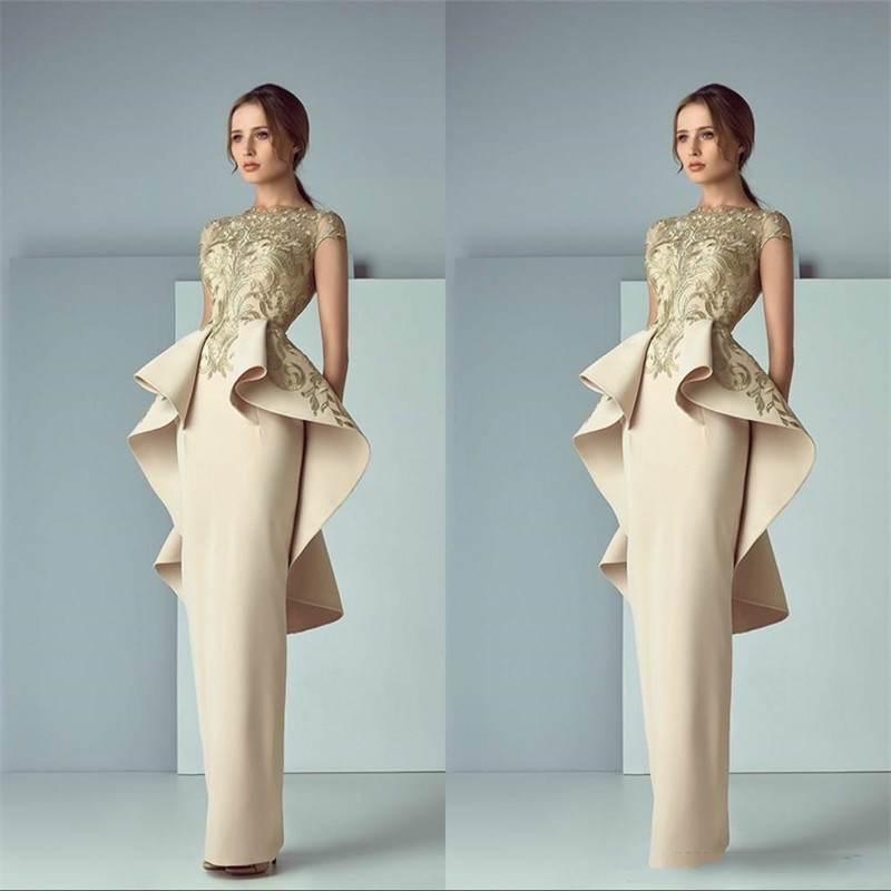 Arabic Champagne Evening Dresses Ruffles Satin Jewel Neck Back Peplum Evening Gowns Sweep Train Formal Prom Dress Ogstuff Formal Dress