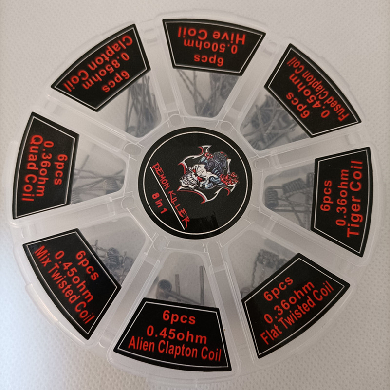 Demon Killer 8 in 1 kit Prebuilt premade Coil Heating Wire Alien Fused Clapton Flat Mix Twisted Quad Hive Tiger Vaporizer Vape
Demon Killer 8 in 1 kit Prebuilt premade Coil Heating Wire Alien Fused Clapton Flat Mix Twisted Quad Hive Tiger Vaporizer Vape