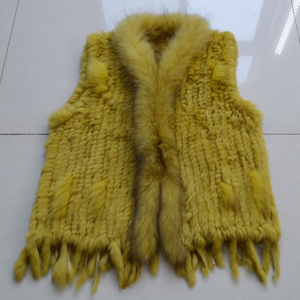 Women Real Rabbit Fur Vest Knitted Tassels Quality Real Genuine Rabbit Fur Gilet Real Raccoon Fur Collar Waistcoat 201016