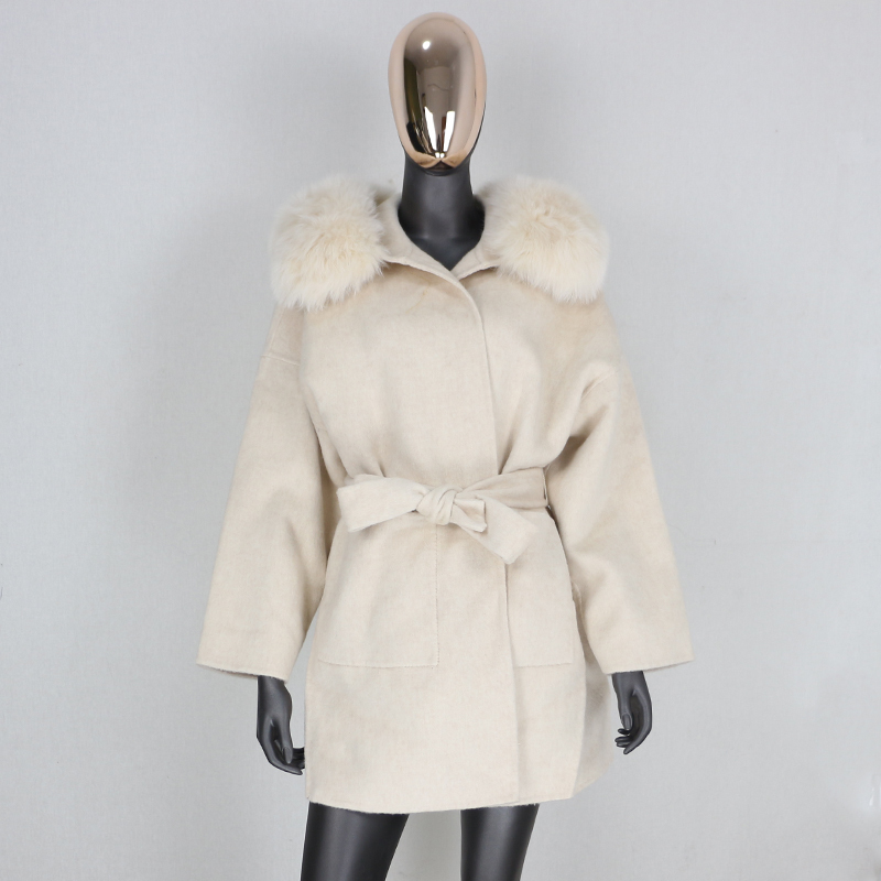 FURBELIEVE Cashmere Wool Blends Real Fur Coat Winter Jacket Women Natural Fox Fur Collar Outerwear Belt Streetwear Oversize 201112