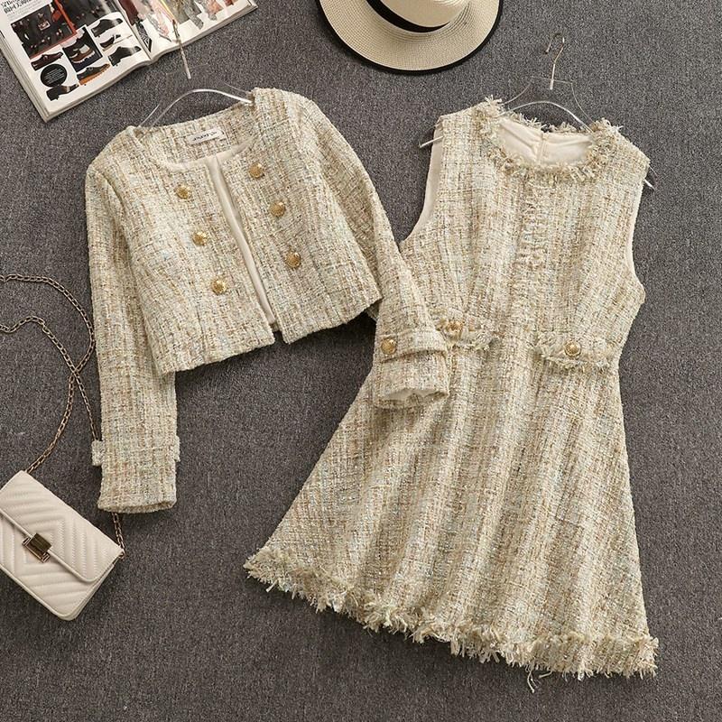 Work Dresses Small Fragrance Tweed Two Piece Set Women Crop Top Short Jacket Coat + Mini Dress Suits Autumn Winter Sweet 2 Sets, Apricot
Work Dresses Small Fragrance Tweed Two Piece Set Women Crop Top Short Jacket Coat + Mini Dress Suits Autumn Winter Sweet 2 Sets, Apricot