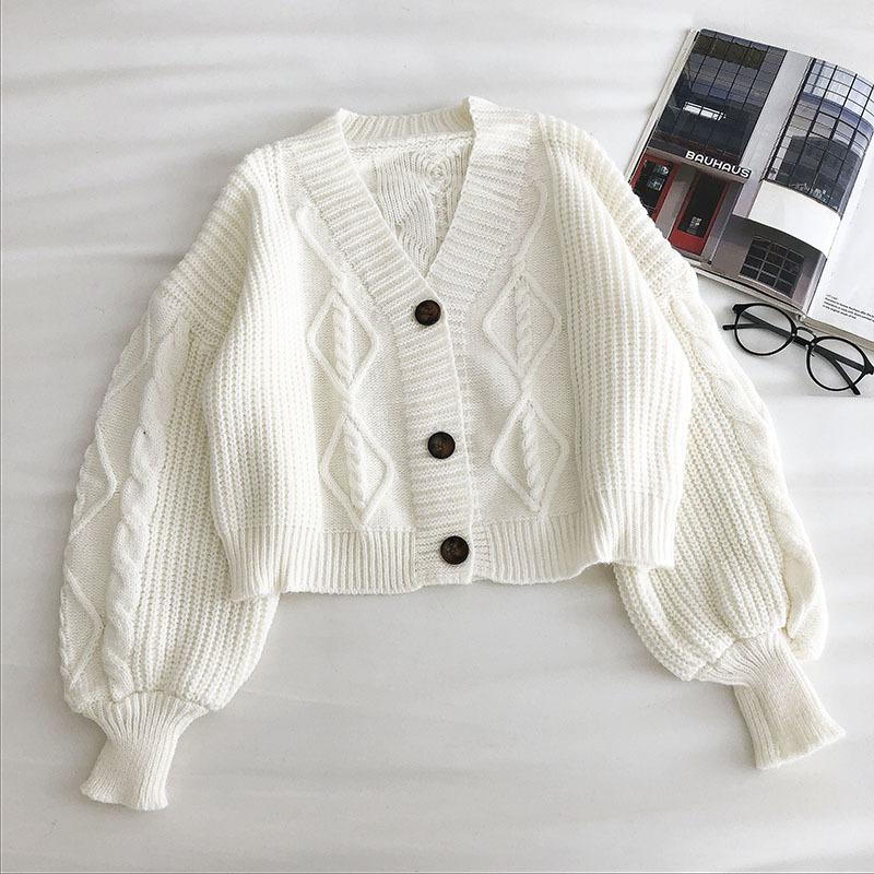 Women Button Up Sweater Fashion Autumn Winter V Neck Single-breasted Crop Sweaters Woman Korean Oversize Short Cardigan 201223
