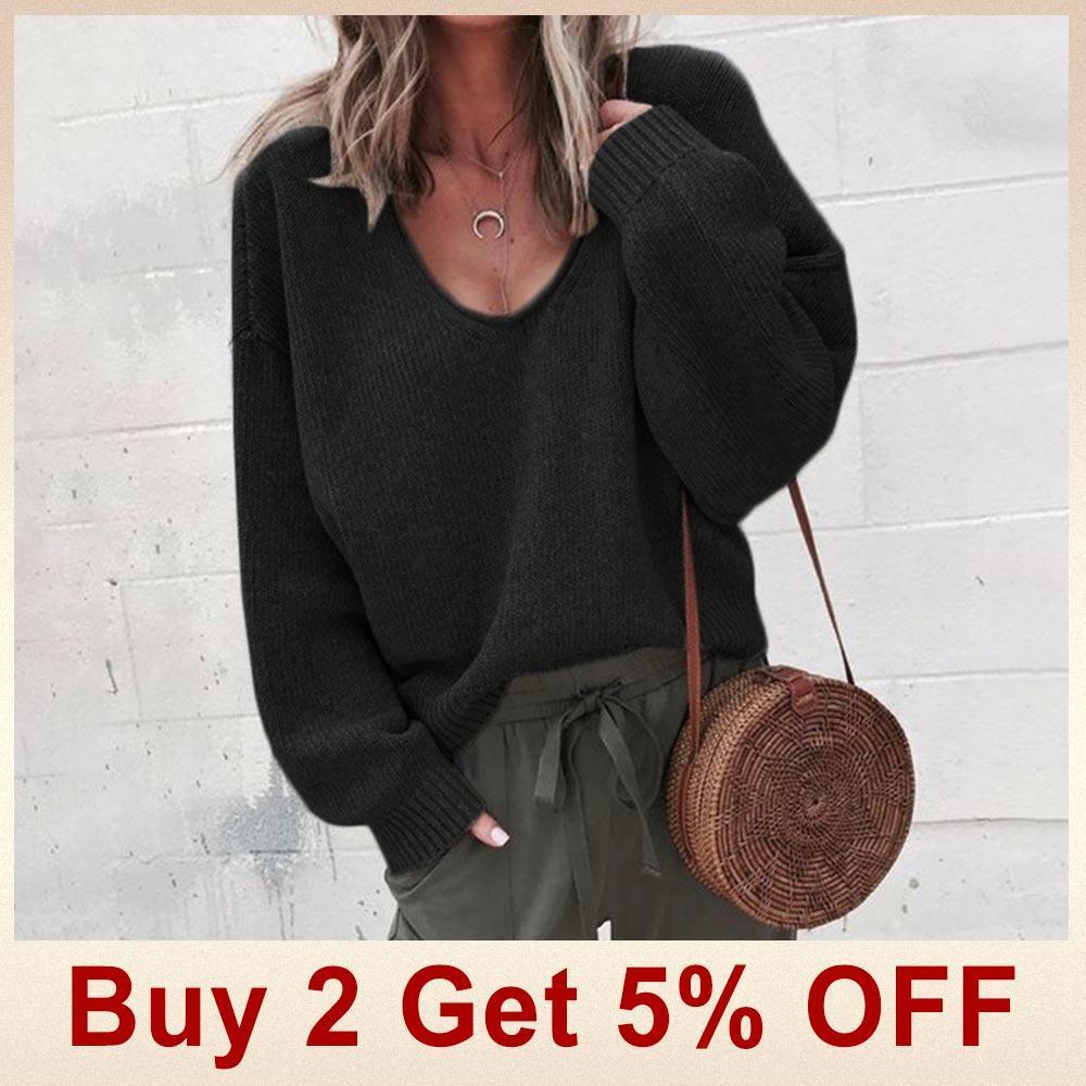 Autumn Winter Fashion Women's Sweater Casual Knitted Sweater Women Streetwear V Neck Long Sleeve Pullovers Loose Solid Coat 201031