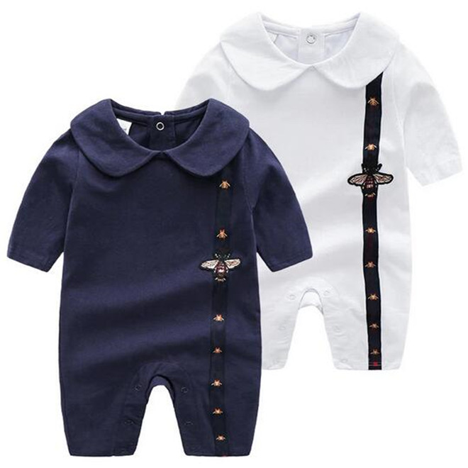 Little Bee Newborn Baby Boy Girl Romper White Dark Blue Cotton Jumpsuits Lapels Long Sleeved Infant Toddler Clothes