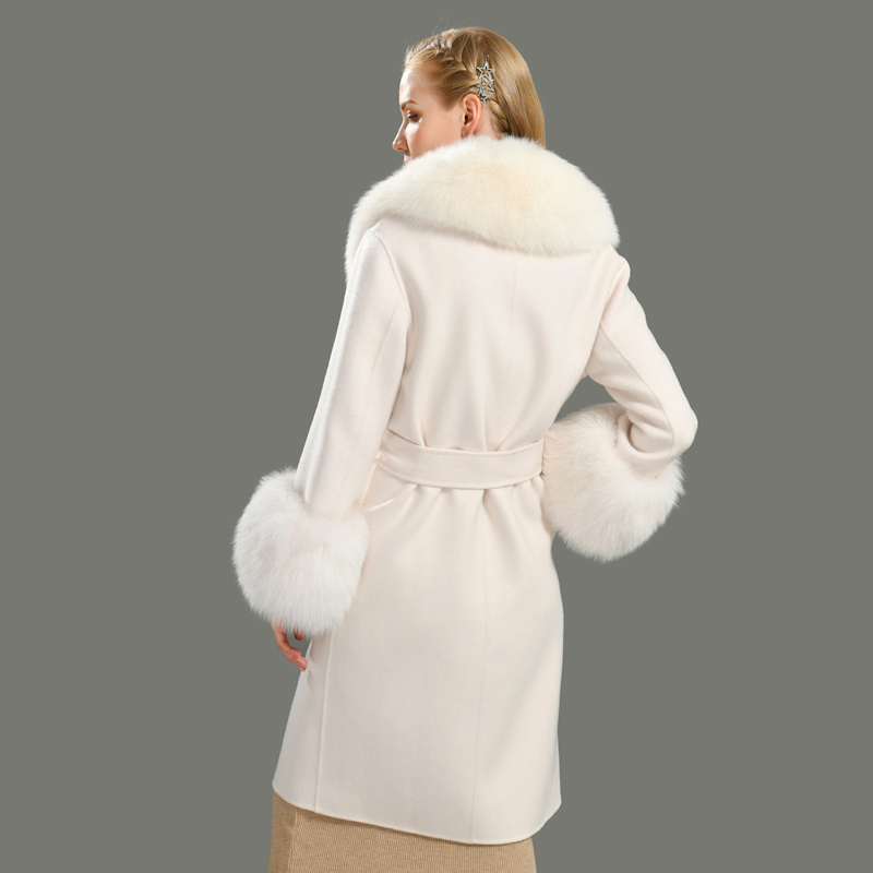 Wool Coat Women Pied De Poule Natural Fox Fur Collar Cashmere Wool Blends Long Outerwear Ladies Streetwear 201222