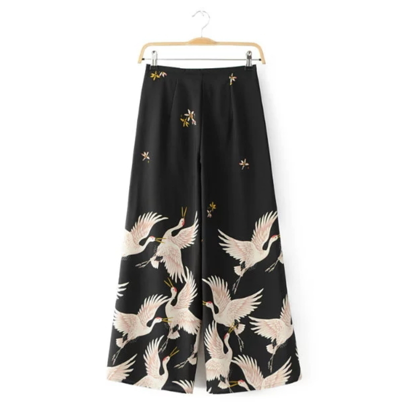 Vintage Women Red Crowned Crane Printing Wide Leg Pant Loose Comfortable Trousers P152 201113