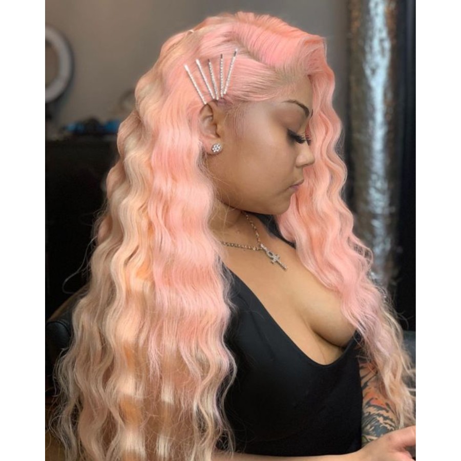 13x4 Brazilian full lace front Wig Preplucked Pink color synthetic Lace Front Wig Deep Wave cosplay for white women