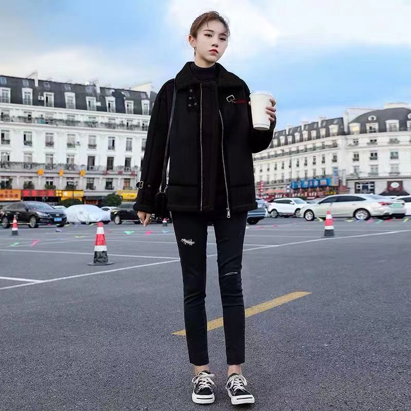 Women Autumn Winter Faux Lamb Leather Jacket Female Faux Leather Lambswool Fur Collar Coats New Warm Thicken Outerwear T200915