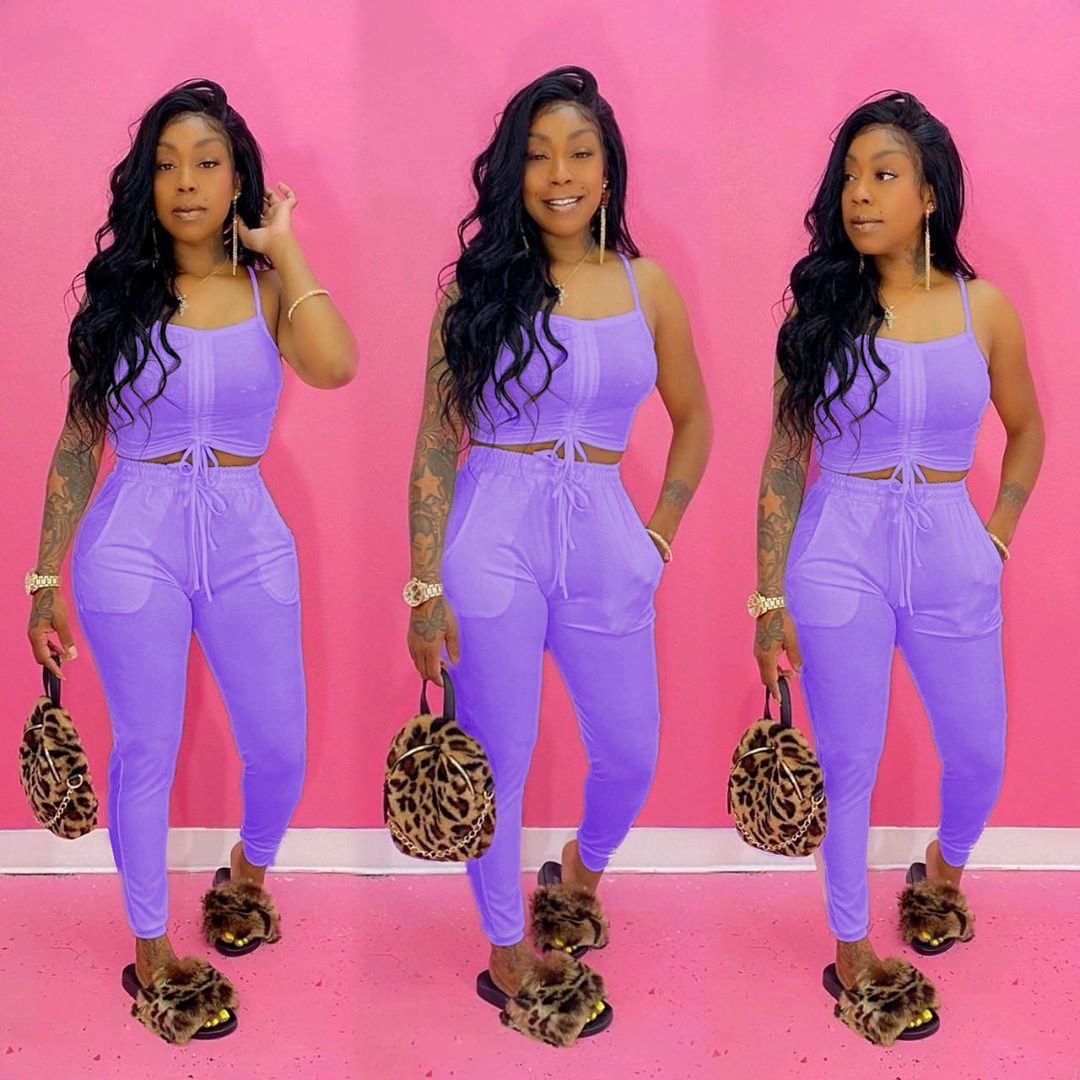 womens 2 piece short sets tracksuits 2023 Summer new suspender navel with pocket casual vest trousers Suit fashion summer style