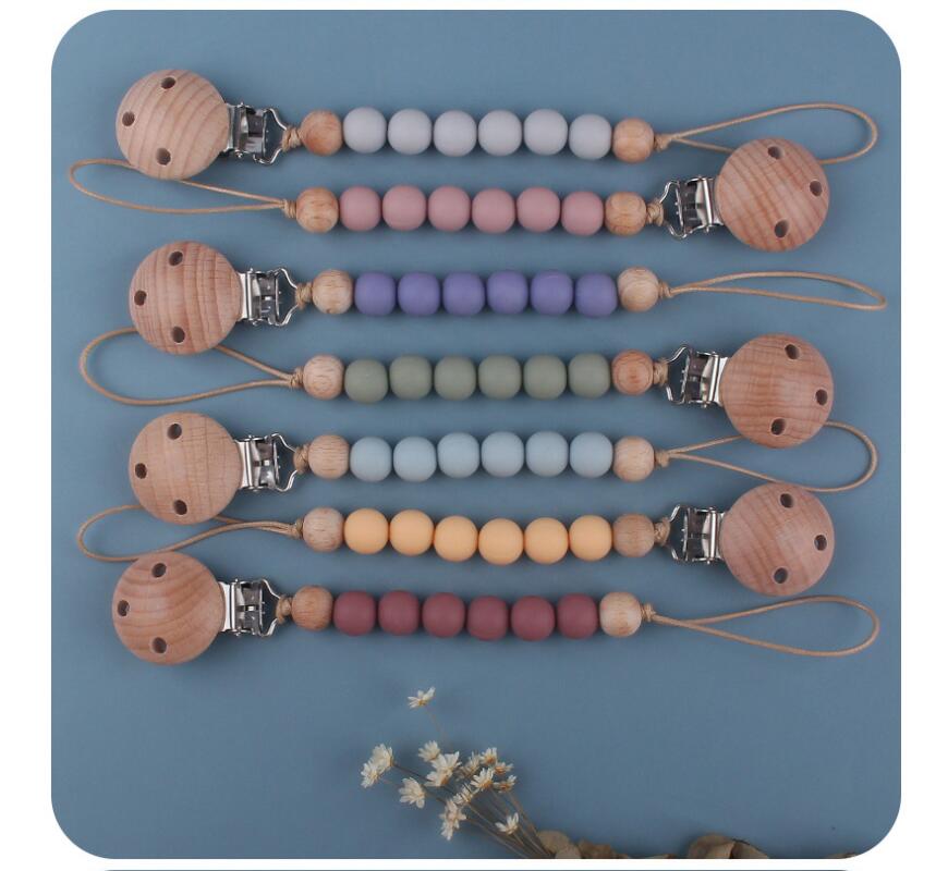 INS baby Safty Wooden Silicon Soothers & Teethers Beads Ball Design Health Care Teething Pacifier Anti-drop Chain Infant Suitable For 0-3Months