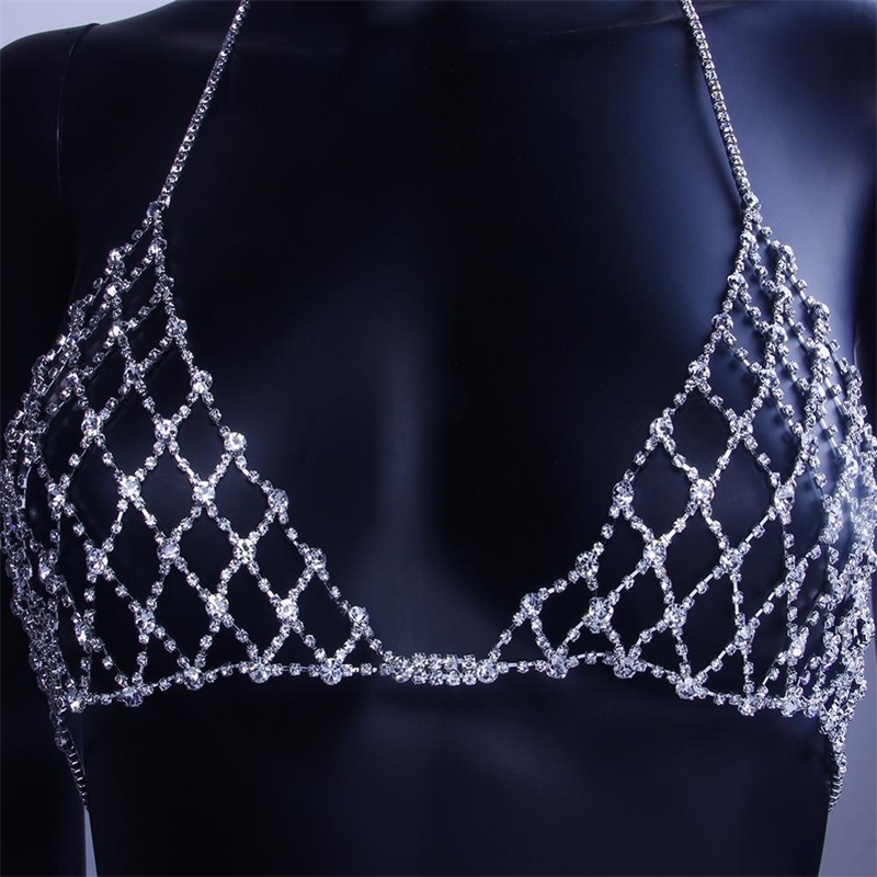 New Lovers Sexy Mesh Body Chain Necklace Crystal Bra and Thong Panties for Women Rhinestone Body Accessories Jewelry Underwe Set T200508