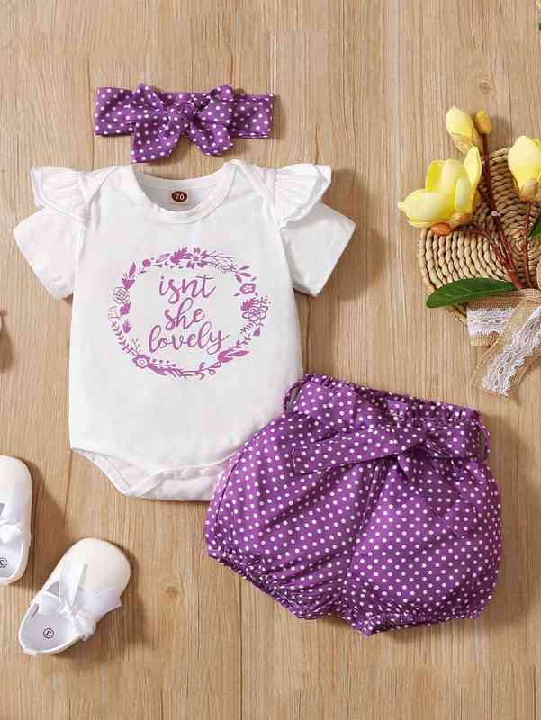 Baby Slogan Graphic Ruffle Trim Bodysuit & Polka Dot Belted Shorts With Headband SHE