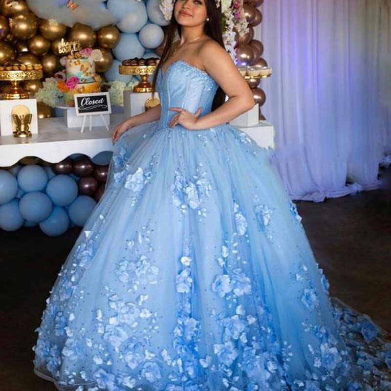 Light Blue 3D Flowers Quinceanera Dresses Pearls Floral Lace Beaded Strapless Lace-up Tulle Ball Gowns Dress Women Formal Prom Gown Long