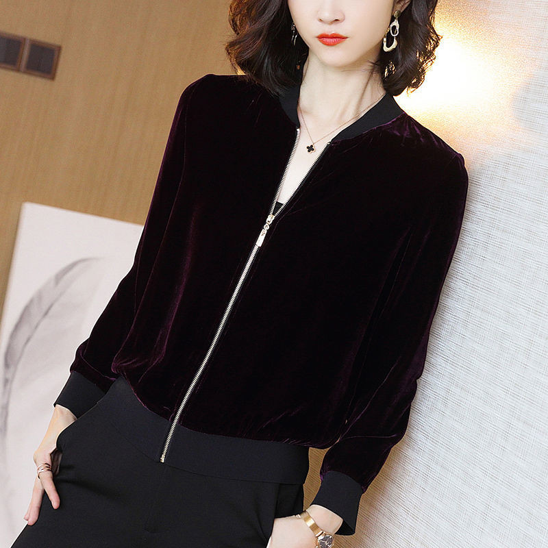 Women Wine Red Velvet Cropped Jacket Casual Zipper Short Outerwear Spring Female Jackets Blue Coat Wild Fashion Cardigan New 201014