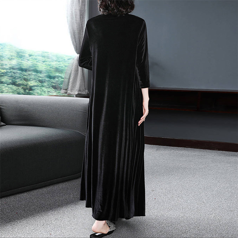 Velvet Dresses Middle Aged Women Winter Plus Size Casual Loose Long Sleeve Solid Color O-neck Maxi Vintage Vestidos T200911