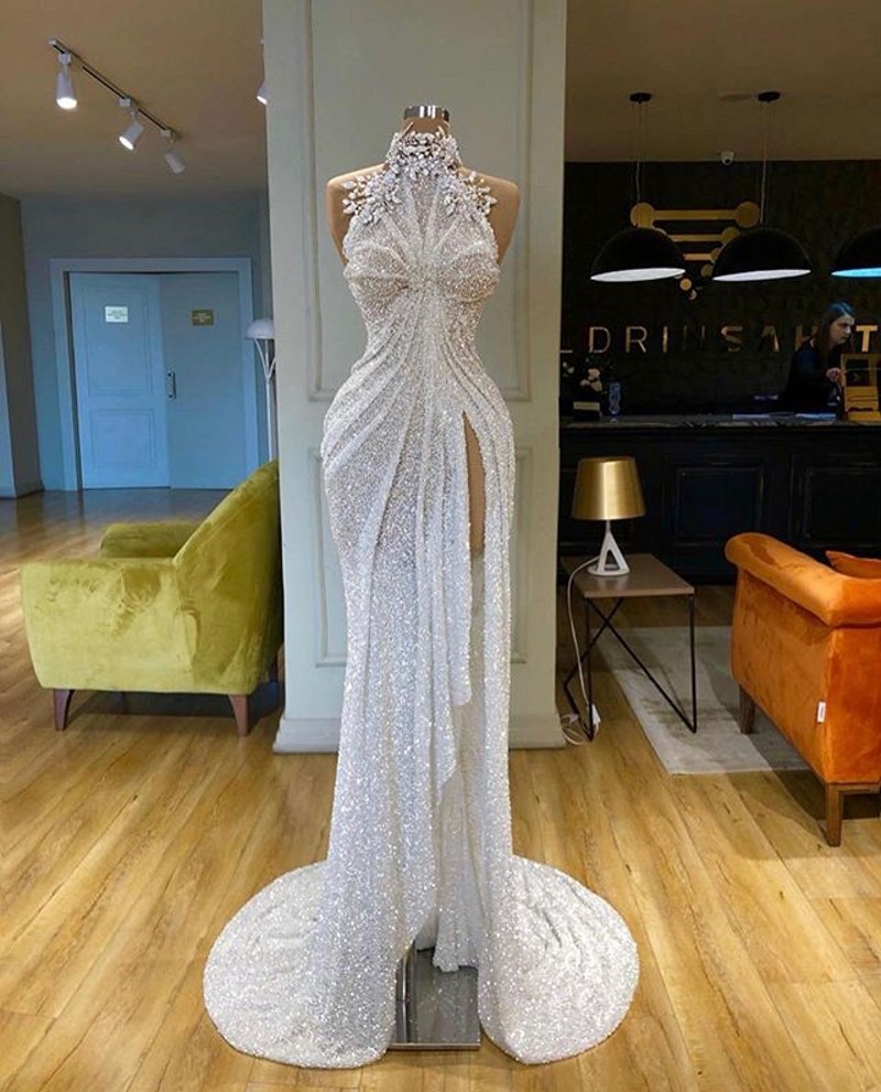 Sexy Evening Dresses H-neck Slessveless Custom Made Sequins Race Tassel sweep train Length Prom Dress Robe de mariée