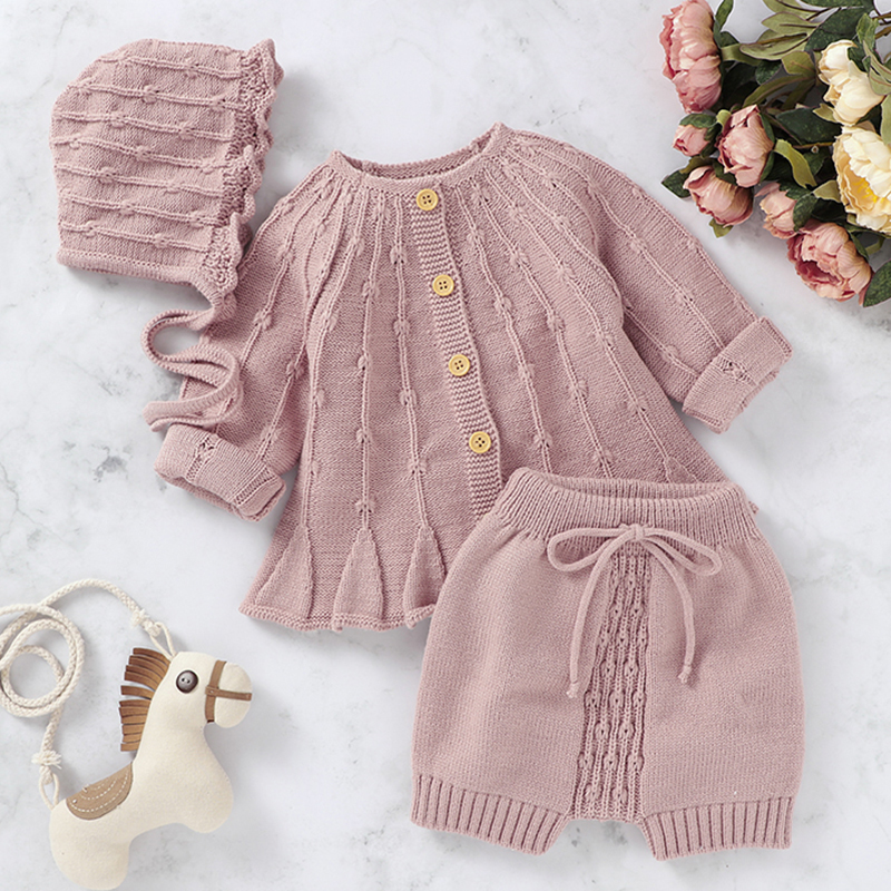 New 2020 Spring Autumn Infant Baby Girls Pure Color Cardigan Coat + Pants+ Hat Clothing Sets Kids Suit Girl Knit Sets Clothes Y1105