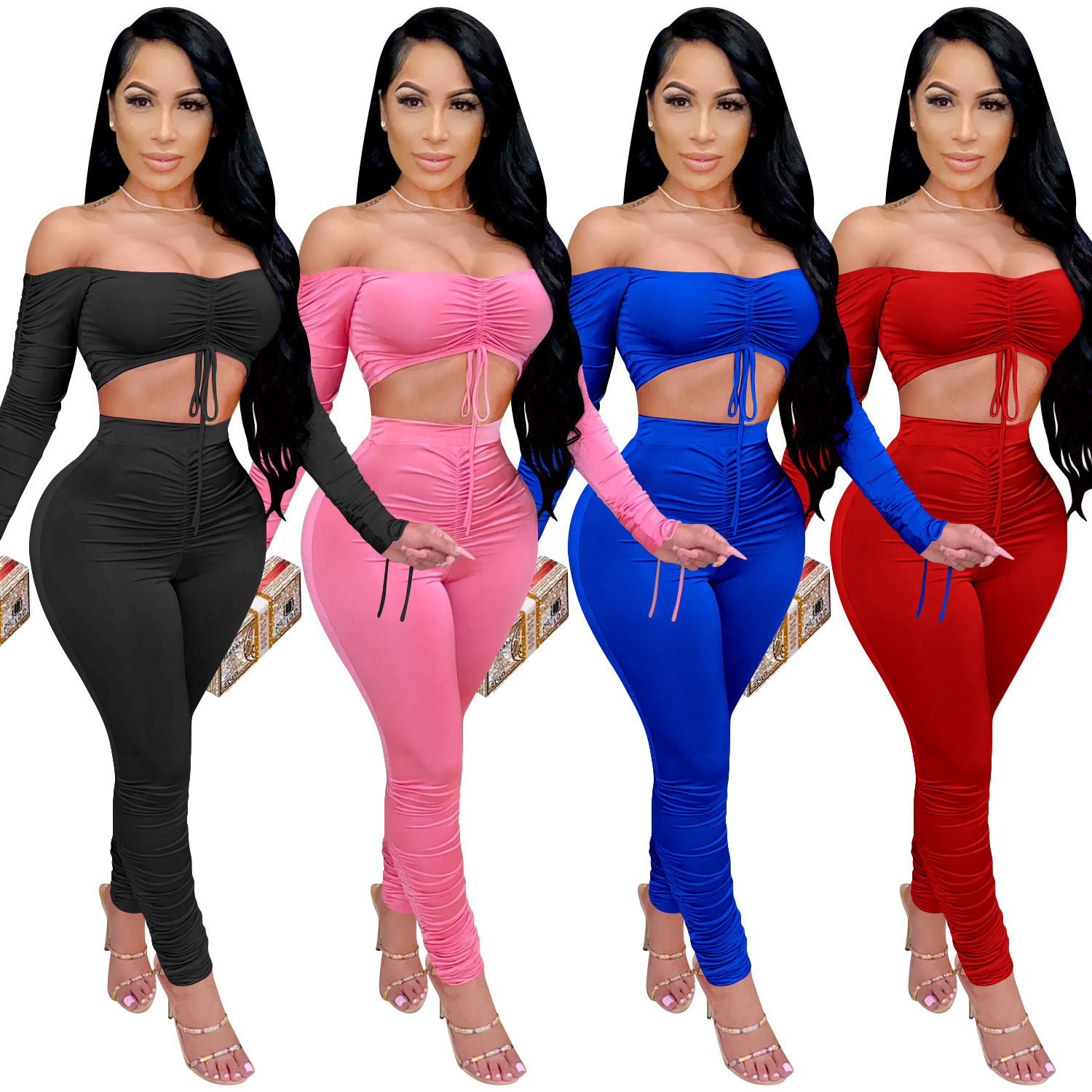 Women Two Piece Set New Pleated One Shoulder Drawstring Pile Up Sleeve Lace Up Tops Drawstring Tight pants Lady Fashion Casual Tracksuits, Pink
Women Two Piece Set New Pleated One Shoulder Drawstring Pile Up Sleeve Lace Up Tops Drawstring Tight pants Lady Fashion Casual Tracksuits, Pink