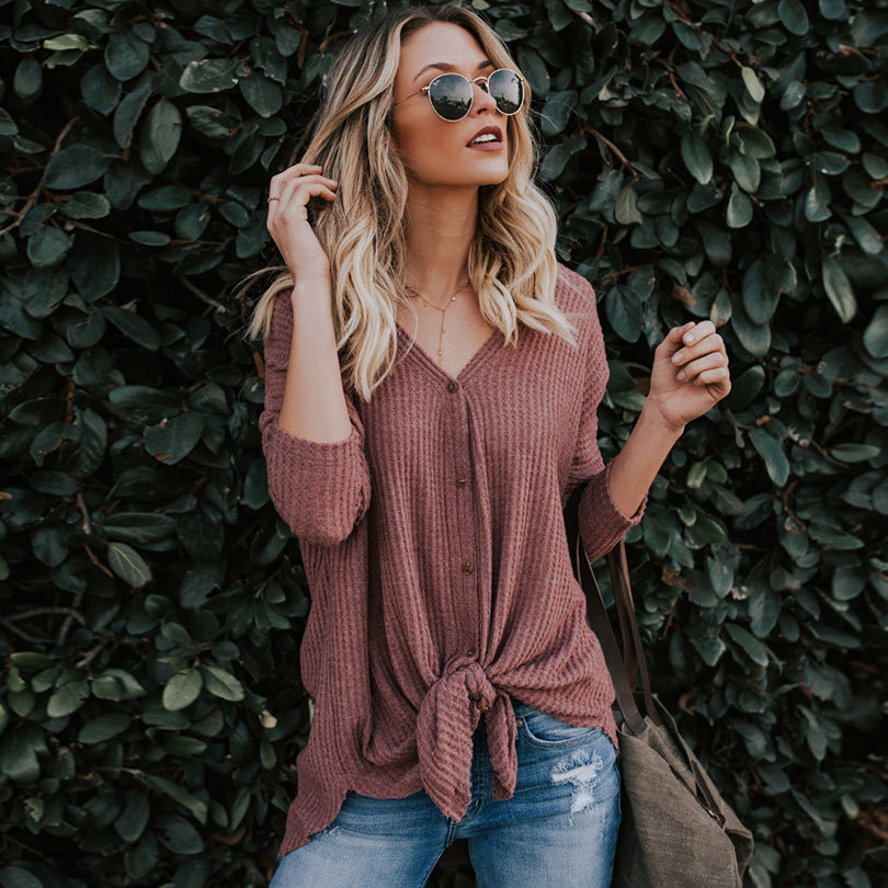 Women Autumn Blouse Waffle Button Up Front Bow Oversize Loose Knit Blouse Shirt Tops Women Blusas Fall New T200320