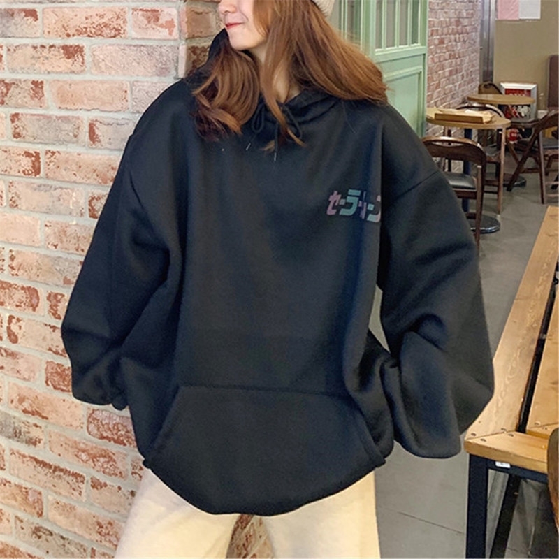 Harajuku Sailor Moon Cartoon Print Hoodie Women Loose Casual Reflective Material Long Sleeve Pullover Tops Streetwear Sweatshirt 200924
