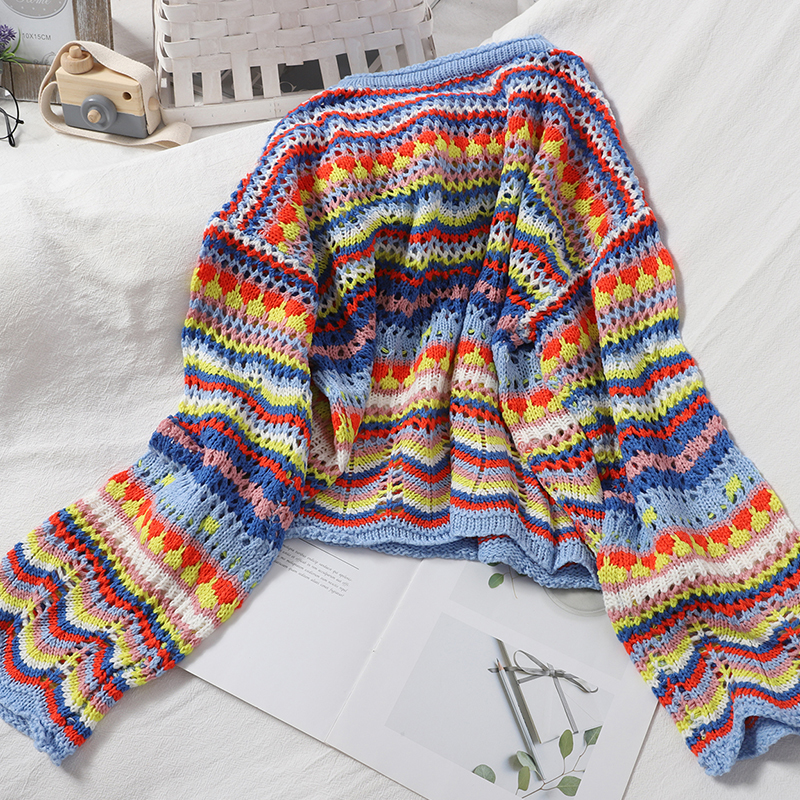 Gagarich Women Christmas Sweater Autumn Sweet Multi-Color Stripe Pullover O-Neck Slim Hollow Korean-Style Crocheted Tops 201221