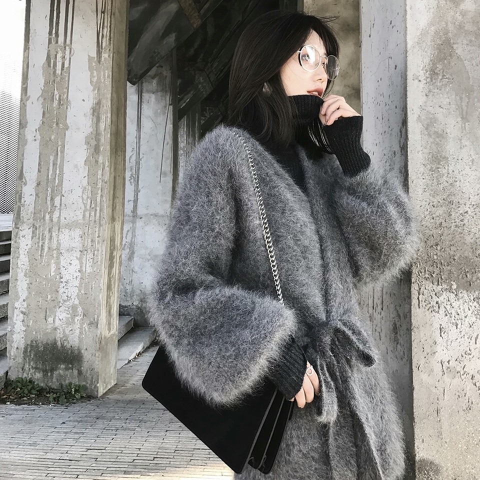 100% Genuine Mink Cashmere Sweater Women Cardigan With Belt Knitted Big Lantern Sleeve Free Shipping JN566 200929