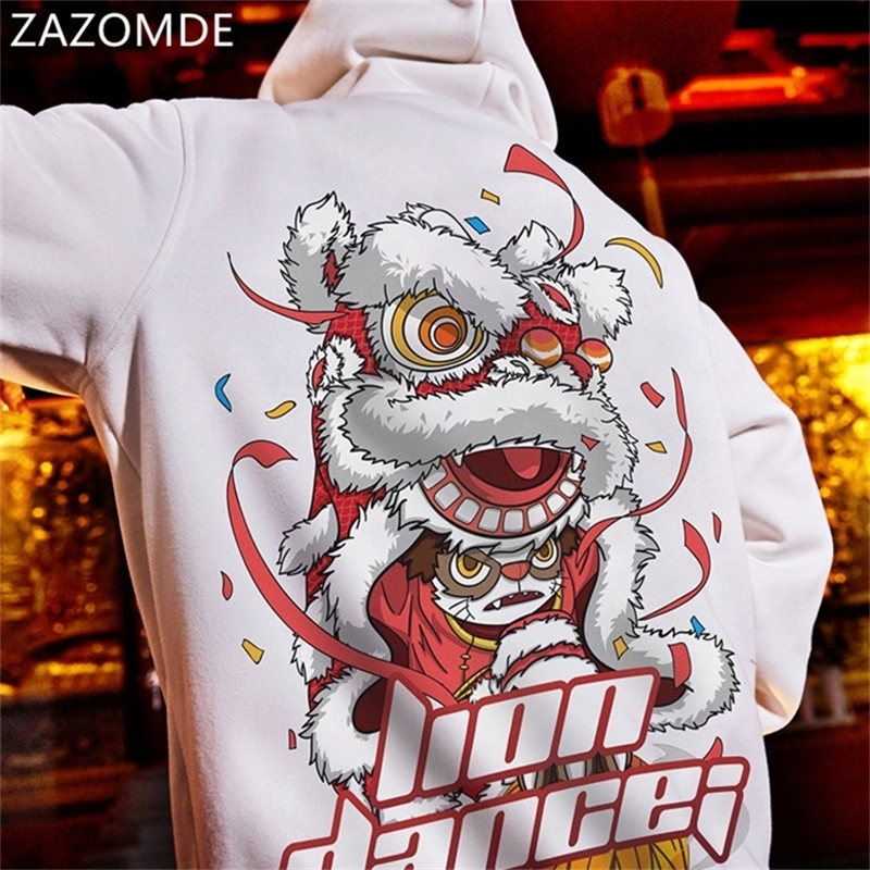 ZAZOMDE Streetwear Hoodies Men Sweatshirt Lion dance Print Autumn Hoodie Long Sleeve Hooded Cool Pullover Jumper Sweatshirts Men LJ201223