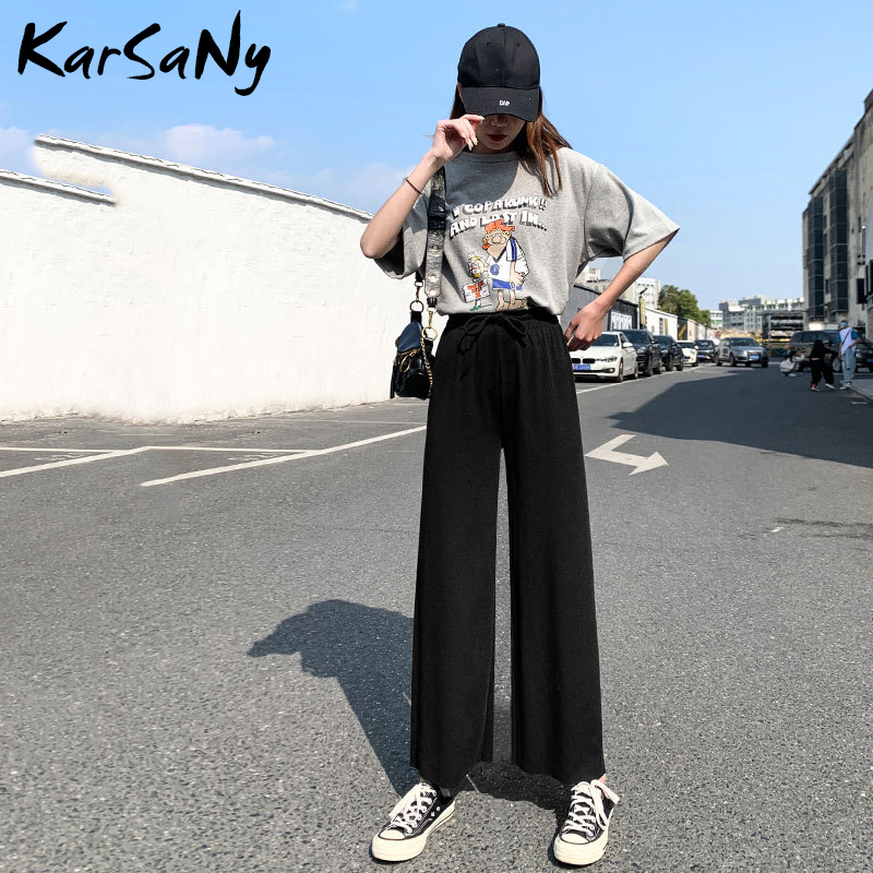 Summer Women Pants Wide Leg Trousers Ladies Thin Lace Up High Waist Loose For Ice Silk Pant Femme 201109