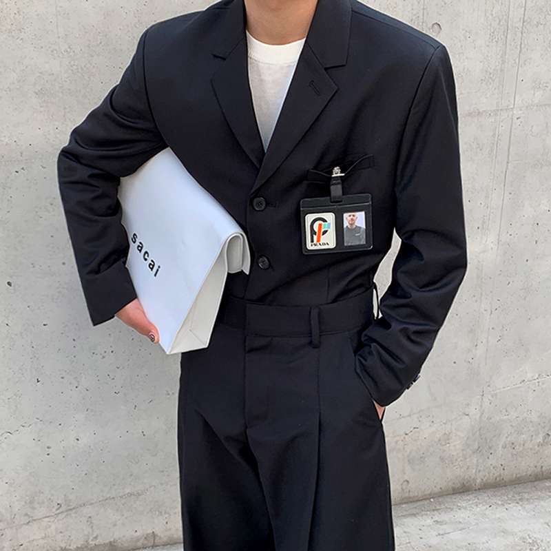 IEFB /men's autumn new single breasted suit + fashion black Wide Leg suit pants loose streetwear all-match 2 piees set 9A30 201105