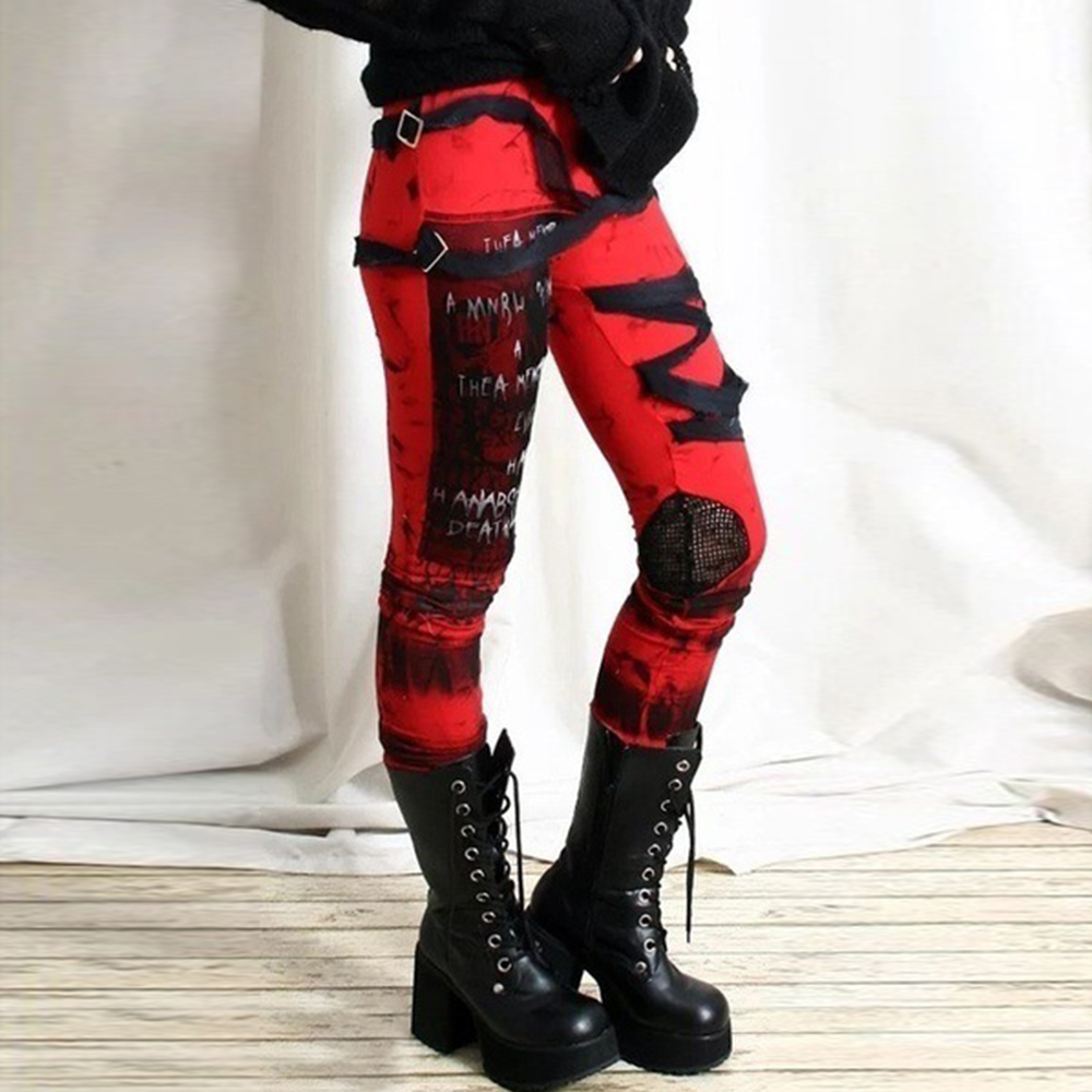 Gothic Pants Girls Vintage Mesh Lace Up Skinny Trousers Punk Style Women's Printed Pencil Pant High Street Ladies Leggins D30 201106