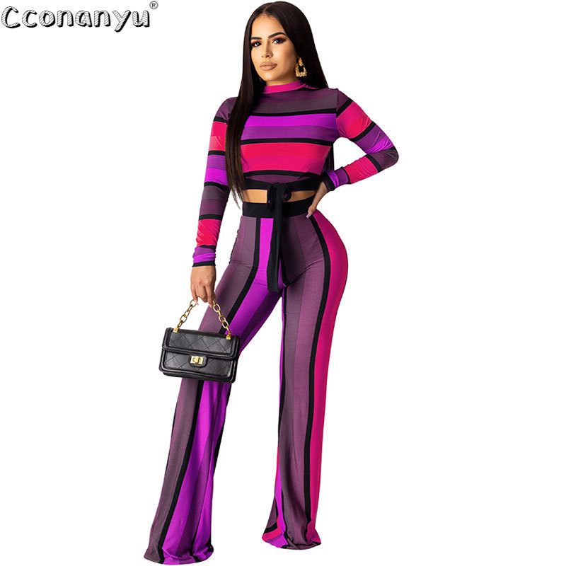 Elegant Striped print two-piece set Casual long-sleeved Top And Long Pants fashion temperament sweatsuit 201120