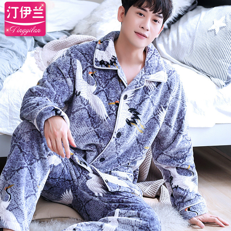 H5898 Sleepwear Young Men Pajamas Set Thick Flannel Cute Homewear Male Coral Velvet Large Size Long Sleeve Winter Warm Nightwear 201109