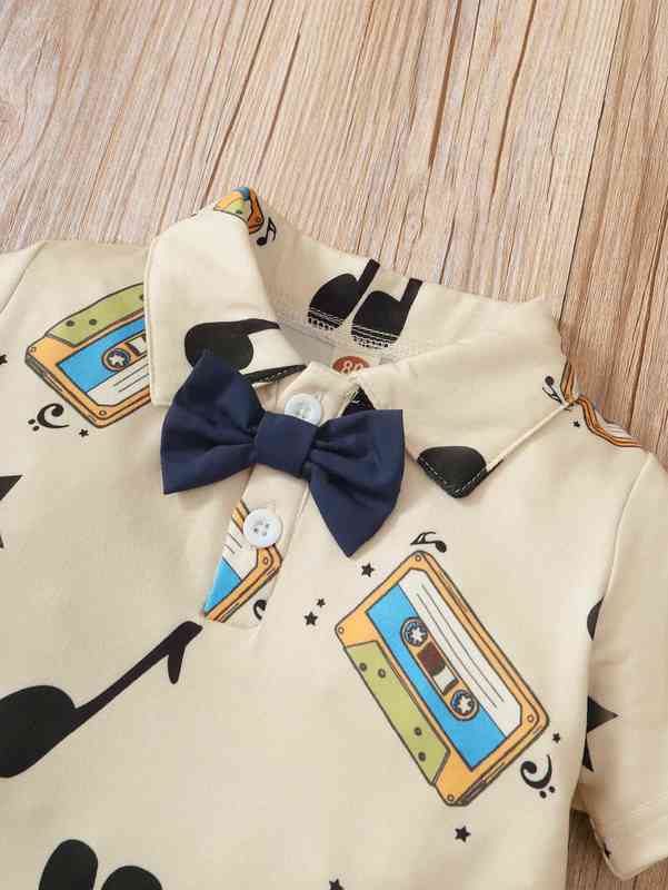 Baby Musical Notes And Tape Print Bow Polo Shirt & Pinafore Pants SHE