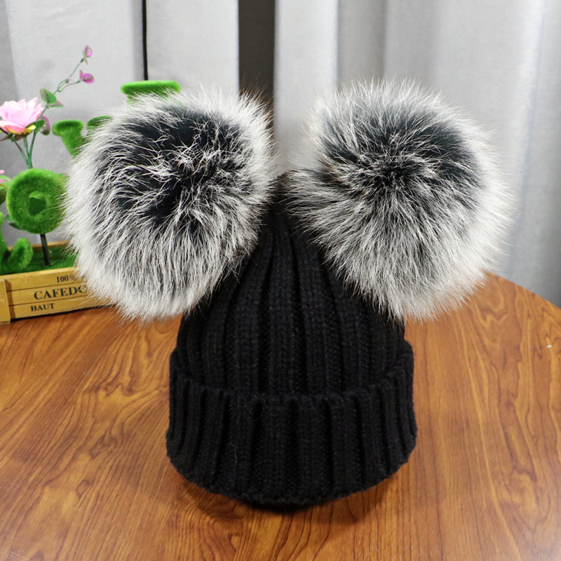 2020 New double natural Pom Poms hat Girls Boys Winter Warm Fur Pompom Ball Knitted Beanies Hat Skullies Beanies Cotton Bonnet LJ201225