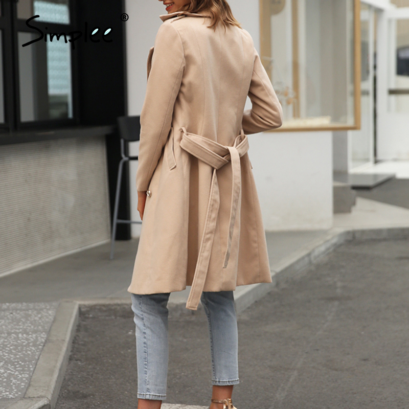 Simplee Vintage double breasted white trench coat for women Sashes slim long trench female Winter office solid trench dress 201211