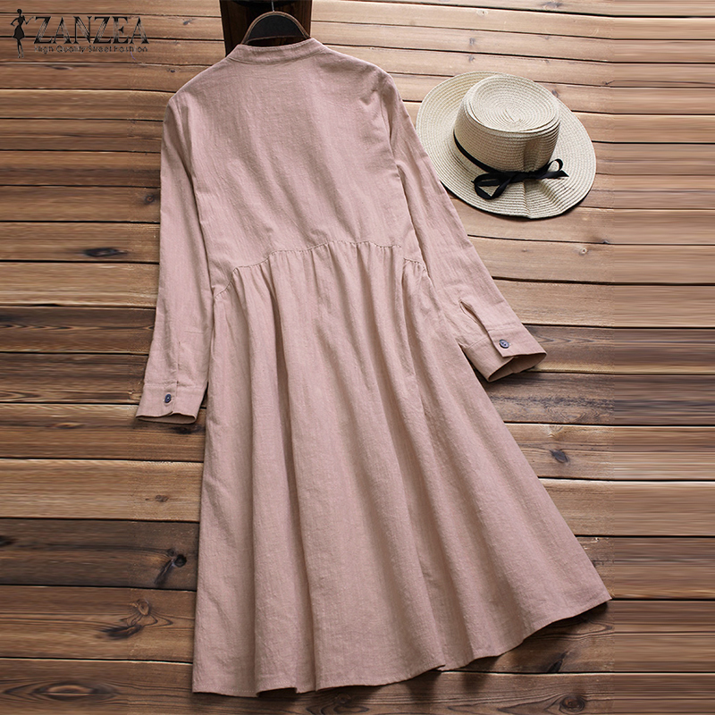 ZANZEA Women Button Down Dress Elegant Lady Cotton Linen Vestido Female Mandarin Collar Dresses Robe Femme Sundress Plus Size T200416