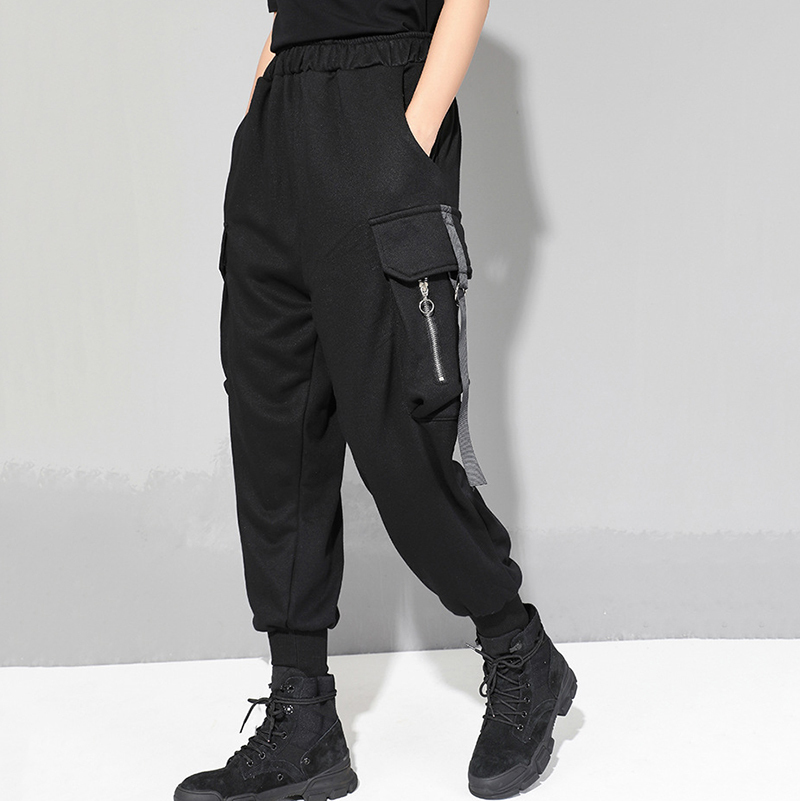 [EAM] New Spring Autumn High Elastic Waist Black Pocket Split Joint Ribbon Loose Harem Pants Women Trousers Fashion JQ015 201228