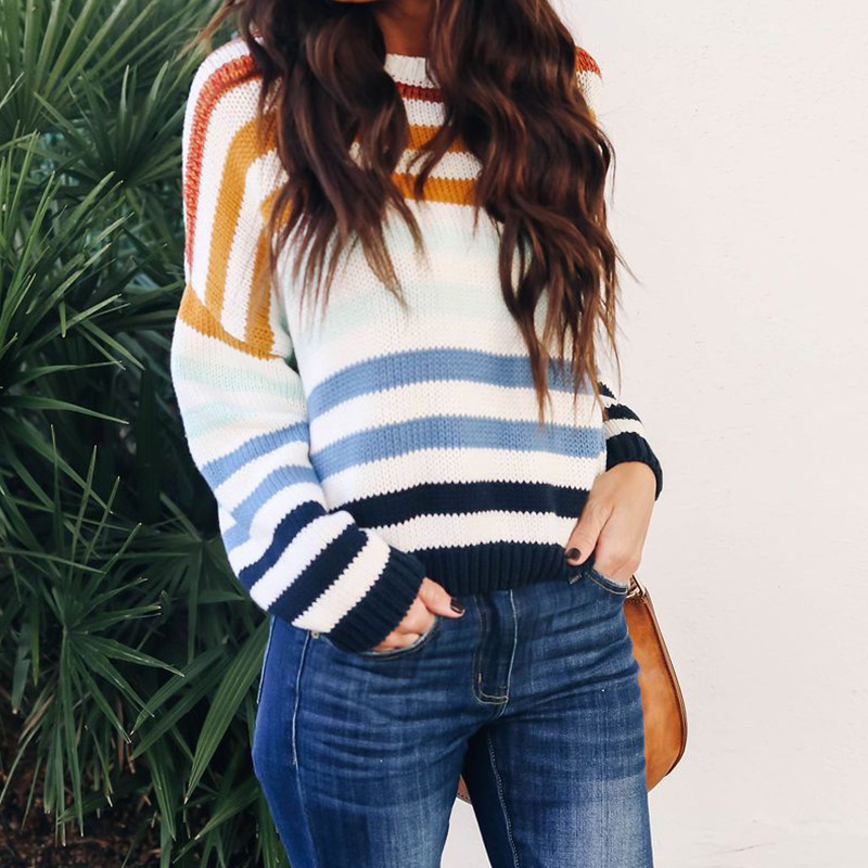 PEONFLY Female Korean Harajuku Sweater For Women Loose Colorful Striped Pullovers Sweater Women Casual Harajuku Jumper 201030wtt