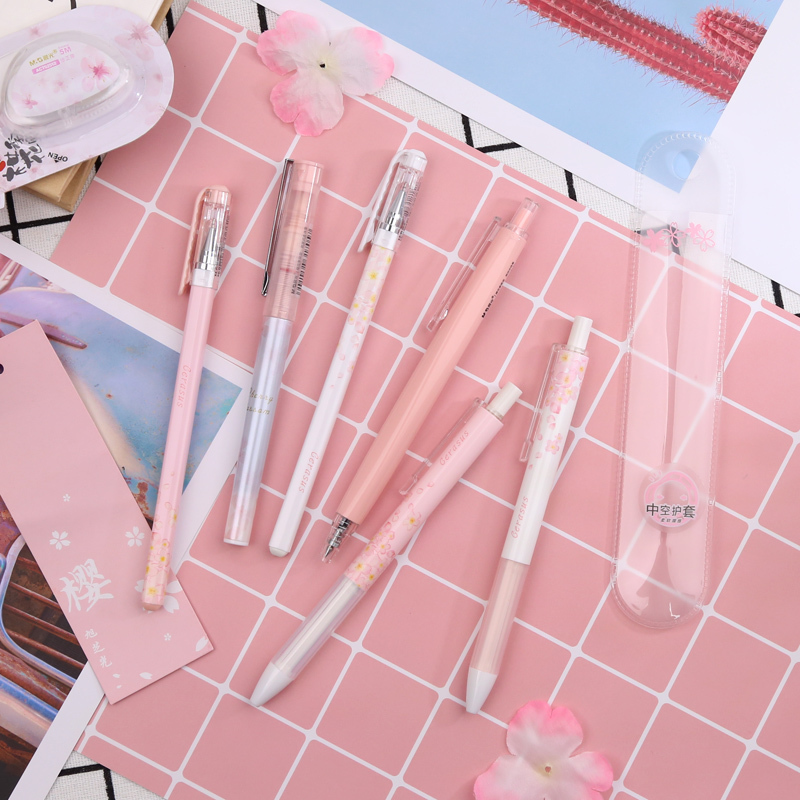 M&G Sakura Pink Cute Kawaii Pen Set Black Gel Ink Pens 0.5mm 0.38mm Retractable for school supplies gelpen stationery roller Y200709