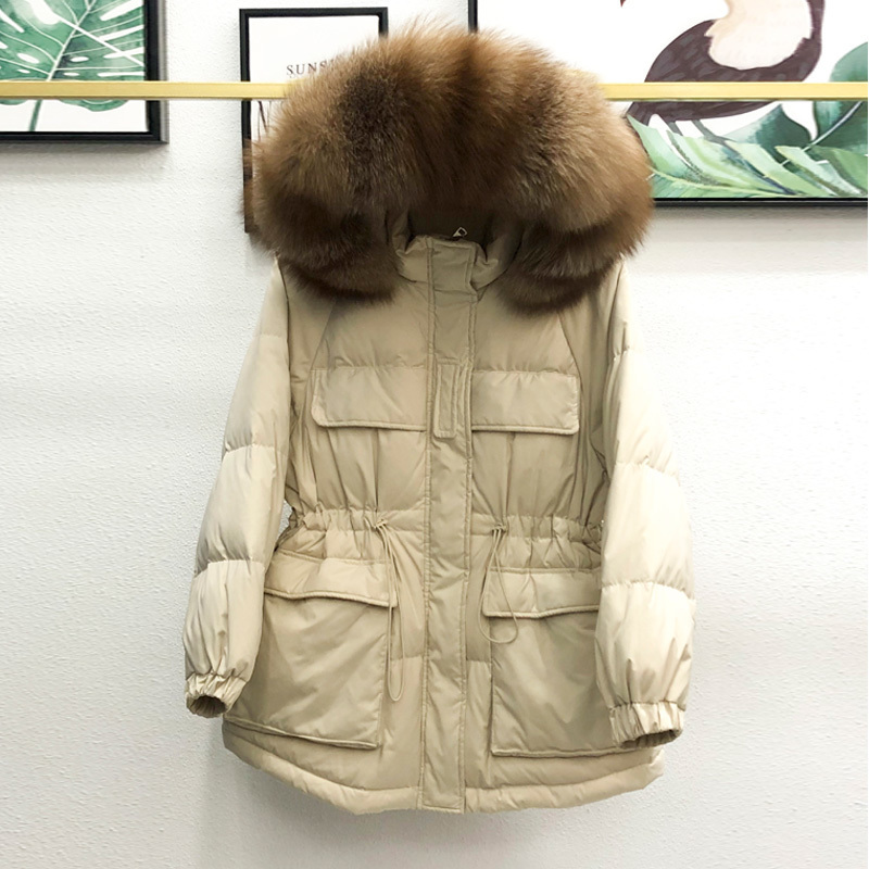 Real Natural Fur New Winter Jacket Women Fashion Down Coat Female White Duck Down Jacket Parka Loose Warm Hooded Overcoat 201019